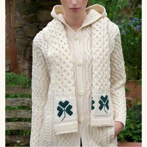 Aran Sweater Shamrock Merino Wool Scarf Cable Knit Ireland Cream Fisherman